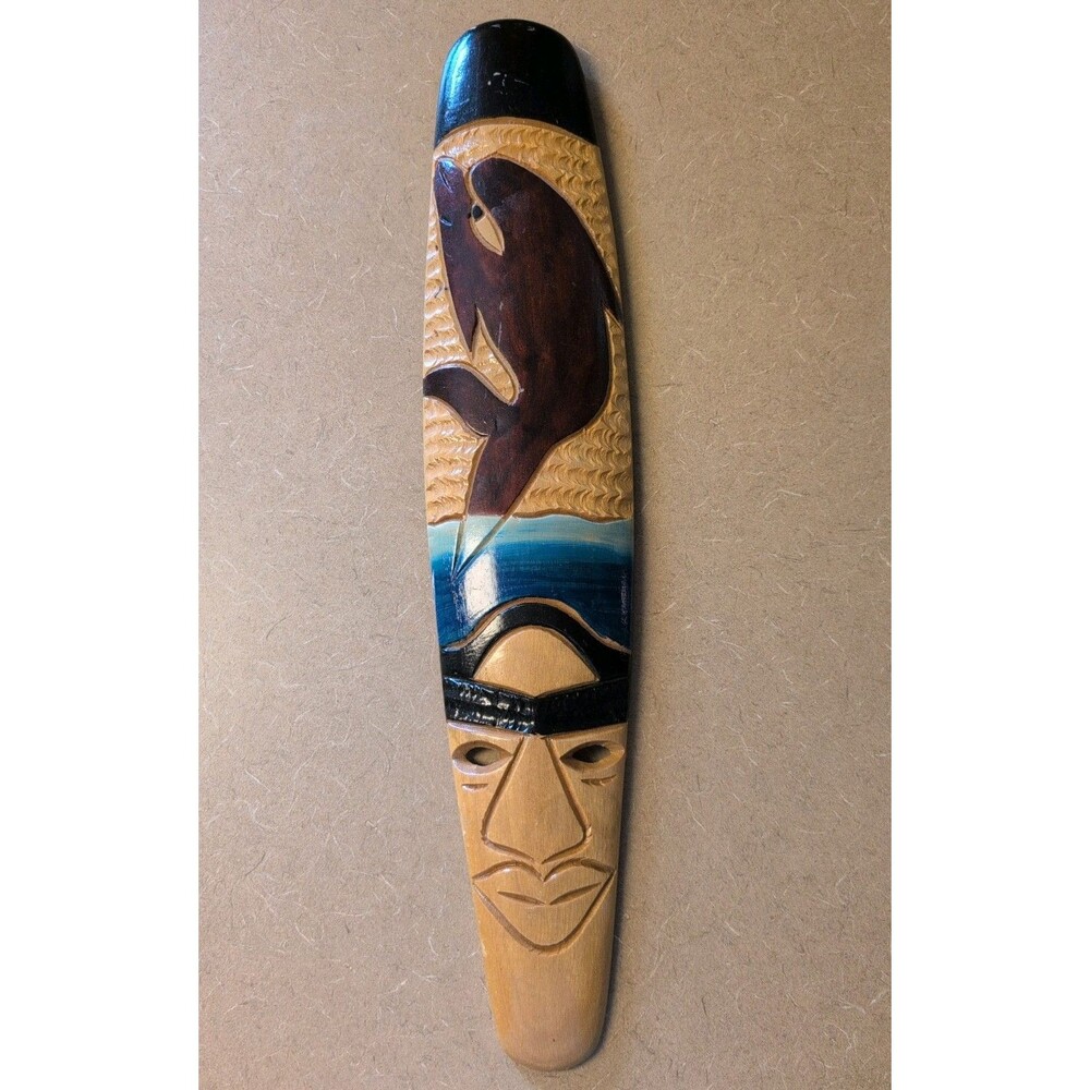 Large Hand Carved Wooden Tribal Face Wall Mask W/Dolphin Carvings 20x4"